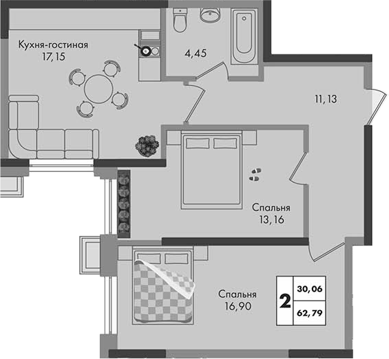 2-комн. квартира, 62.79 м² в ЖК Зеленая территория — фото 2
