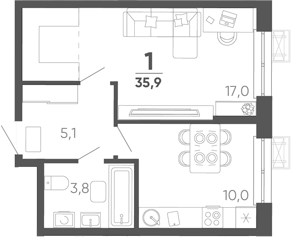 1-комн. квартира, 35.9 м² в ЖК Барса — фото 2