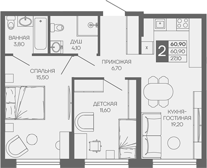 2-комн. квартира, 60.9 м² в ЖК Иначе в Молодежном — фото 2