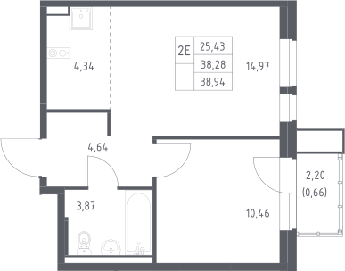 2-комн., 38.28 м², 16/17 этаж, ЖК «Квартал Авиаторов»