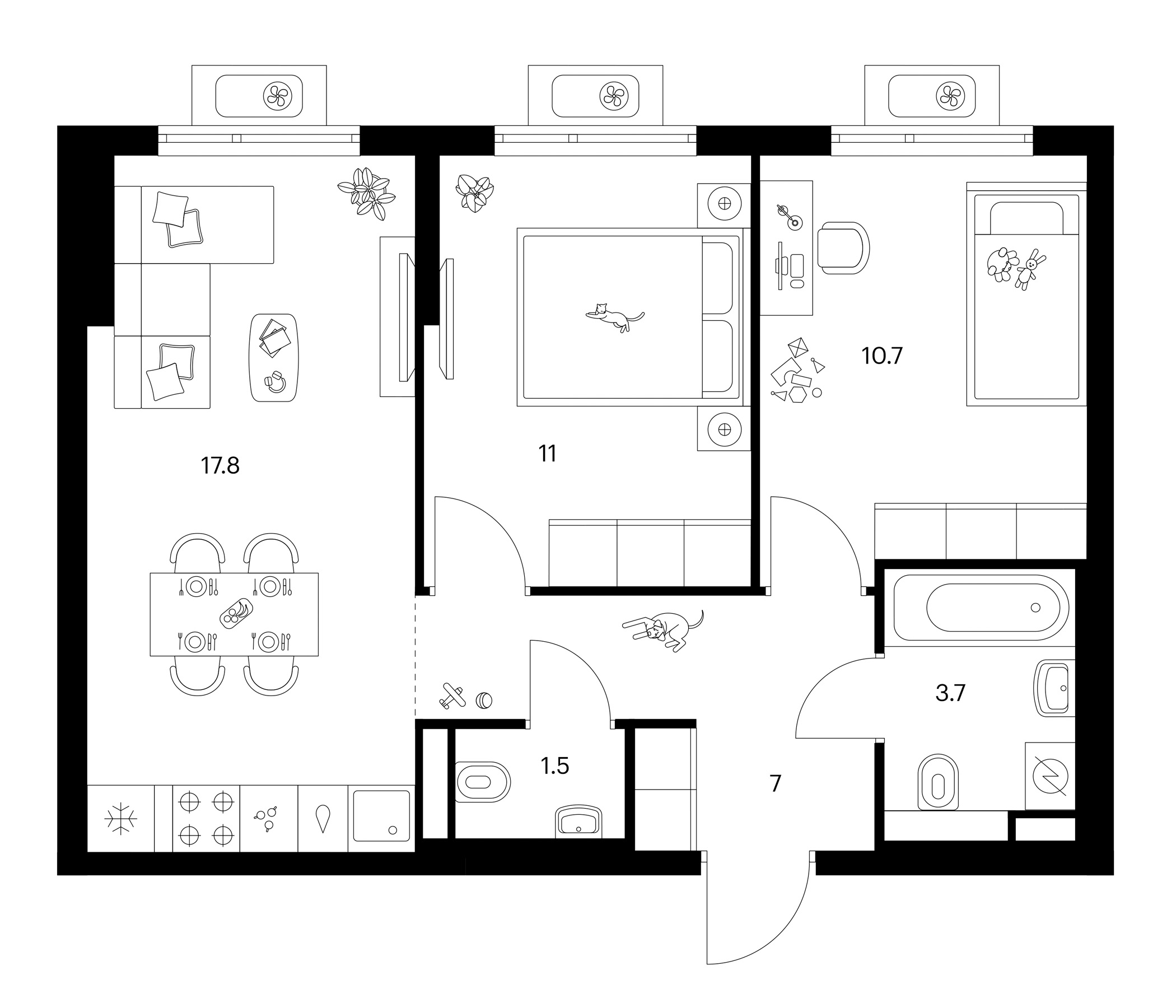 2-комн., 51.7 м², 12/25 этаж, ЖК «Белая Дача парк»