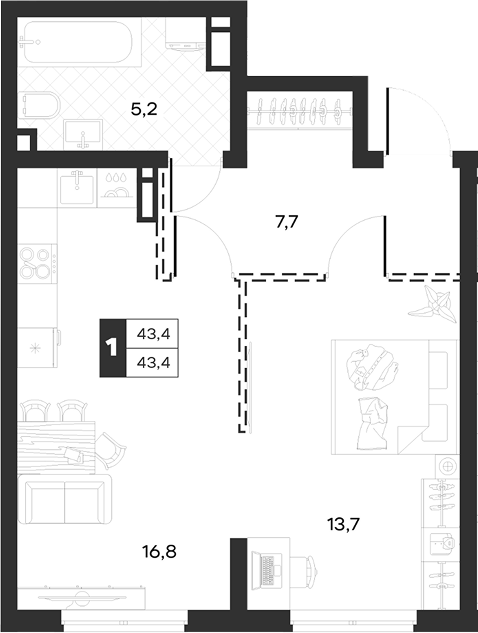 1-комн., 43.38 м², 9/13 этаж, ЖК «Луиджи»
