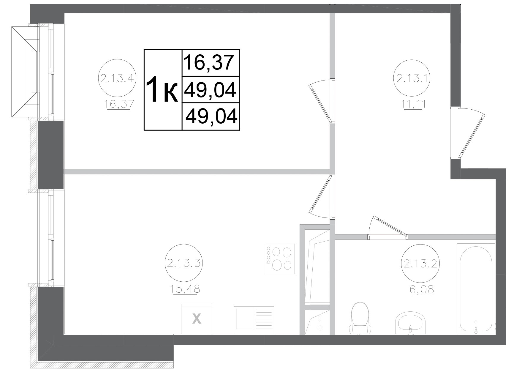 1-комн., 49.04 м², 11/17 этаж, ЖК «Авиатор-2»