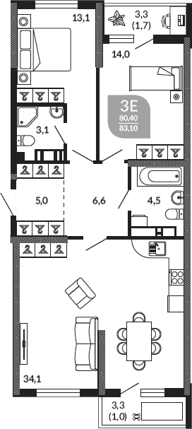 3-комн. квартира, 80.4 м² в ЖК Облака — фото 2