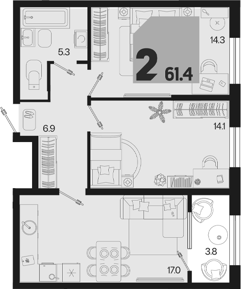 2-комн., 57.6 м², 2/18 этаж, ЖК «Первое место» — фото 2