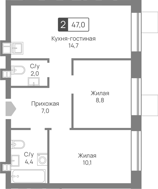 3-комн., 47 м², 7/9 этаж, ЖК «Лесная Отрада»