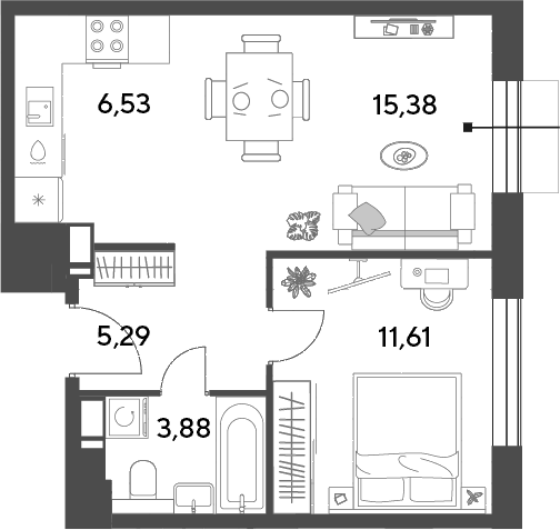 2-комн., 42.69 м², 15/15 этаж, ЖК «Публицист»