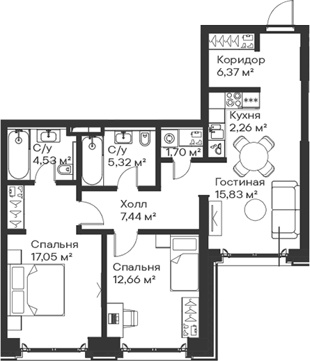 3-комн., 73.16 м², 2/15 этаж, ЖК «Сити Бэй»