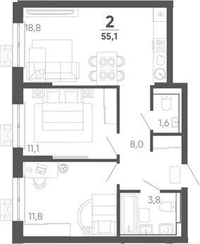 2-комн. квартира, 55.1 м² в ЖК Барса — фото 2