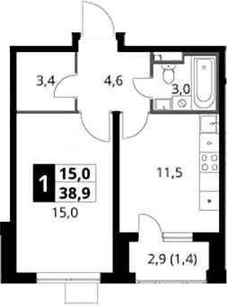 1-комн., 37.5 м², 19/24 этаж, ЖК «1-й Донской»