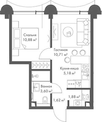 2-комн., 33.87 м², 6/17 этаж, ЖК «МИРА»