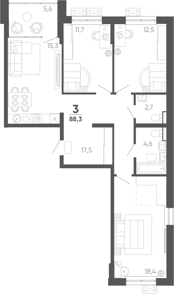 3-комн. квартира, 82.7 м² в ЖК Барса — фото 2