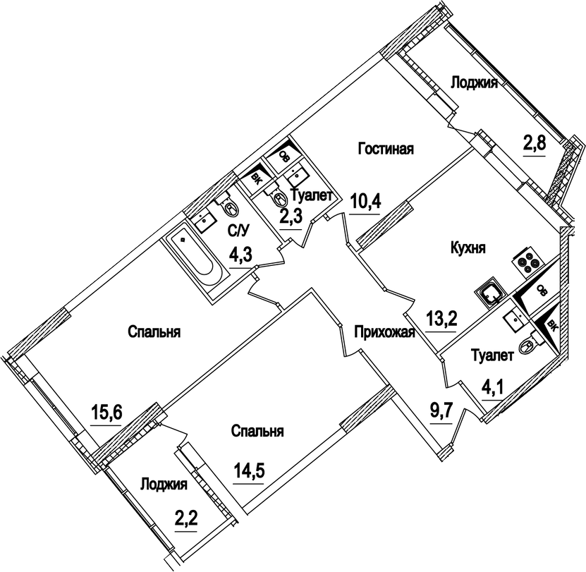 3-комн., 74.1 м², 21/22 этаж, ЖК «Рассказово»