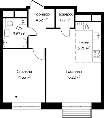 2-комн., 42.89 м², 21/22 этаж, ЖК «Новоград Павлино»