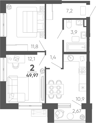 2-комн. квартира, 47.3 м² в ЖК Барса — фото 2