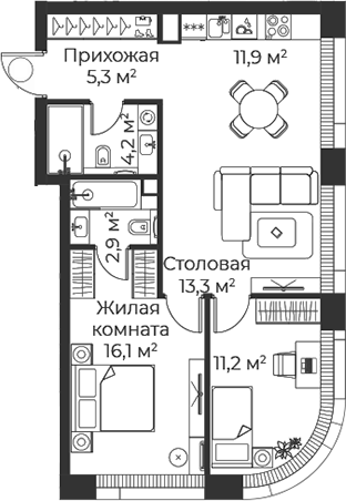 3-комн., 65 м², 9/38 этаж, ЖК «Веер»