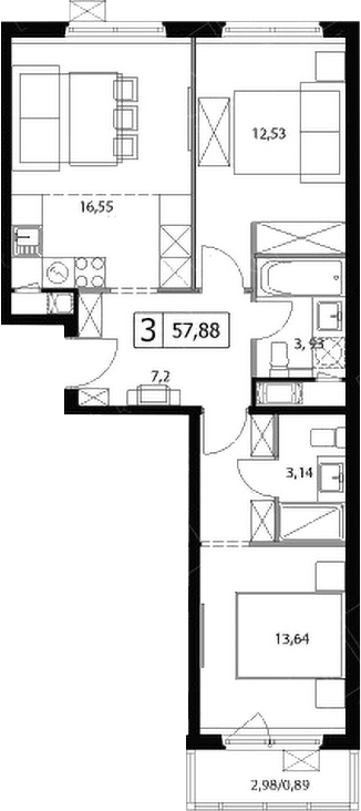 3-комн., 56.99 м², 6/17 этаж, ЖК «У реки.Эко Видное 2.0»