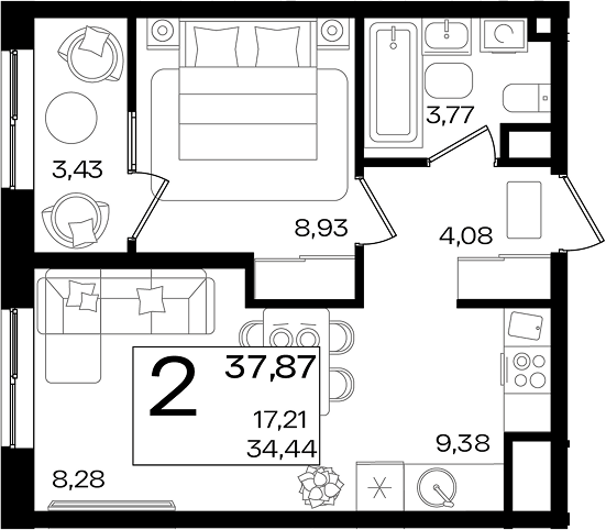 2-комн. квартира, 34.44 м² в ЖК Патрики — фото 2