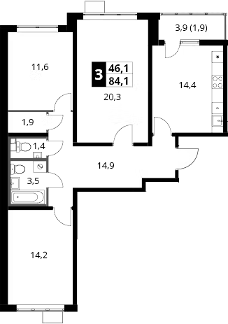 3-комн., 82.2 м², 24/25 этаж, ЖК «1-й Южный»