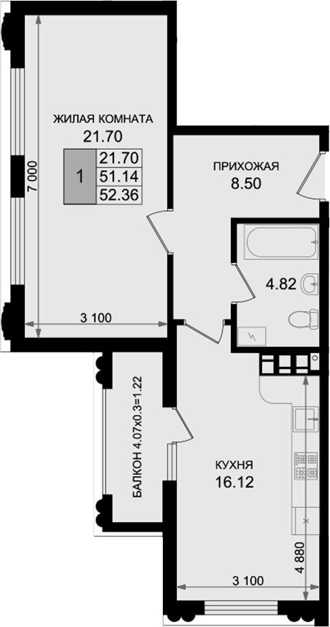 1-комн., 51.14 м², 4/8 этаж, ЖК «Резиденция морей»