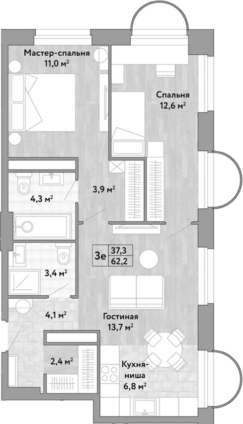 3-комн., 62.2 м², 2/29 этаж, ЖК «Новые Смыслы»