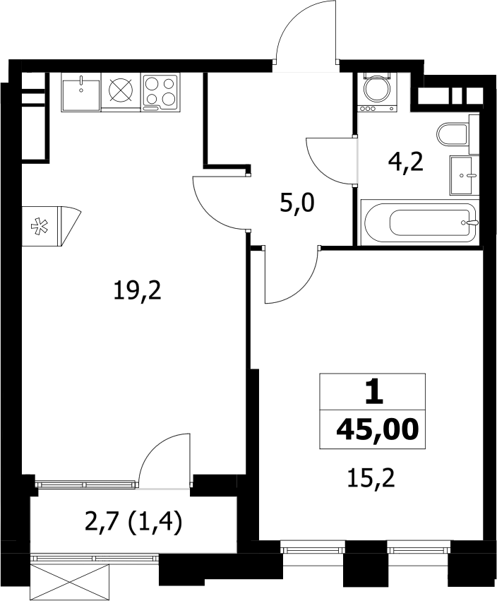 1-комн., 43.6 м², 16/17 этаж, ЖК «Прокшино»