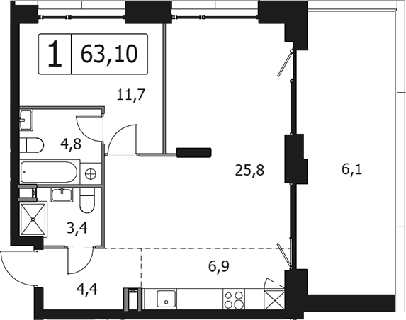 2-комн., 57 м², 2/13 этаж, ЖК «Клубный город на реке Примавера»