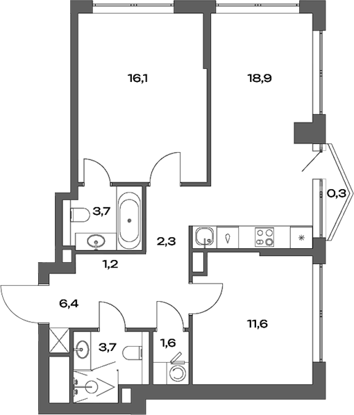3-комн., 66.6 м², 6/30 этаж, ЖК «Акценты»