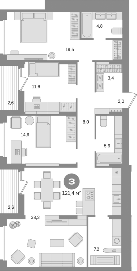 3-комн., 116.2 м², 4/17 этаж, ЖК «Первый квартал. Вторая очередь»