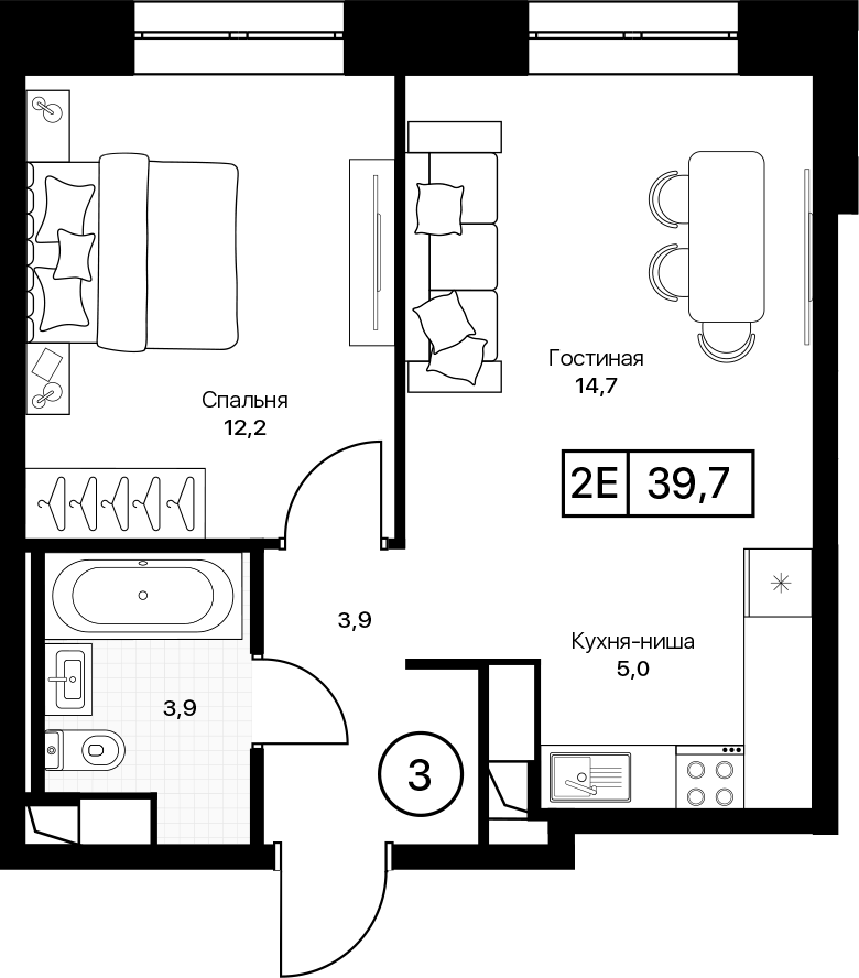 2-комн., 39.7 м², 13/17 этаж, ЖК «Пушкино Град»