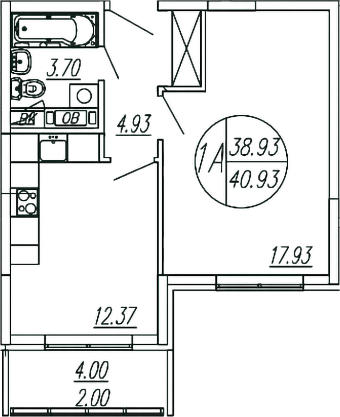 1-комн., 38.93 м², 1/4 этаж, ЖК «Шолохово»
