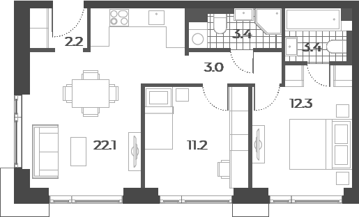 3-комн., 57.6 м², 46/52 этаж, ЖК «Вейв»