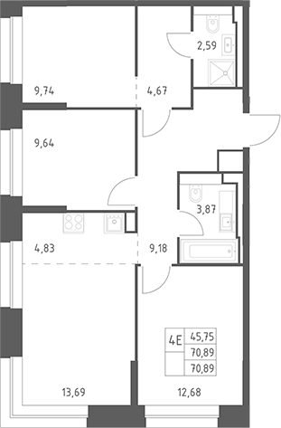 4+ комнаты, 70.89 м², 10/14 этаж, ЖК «Верейская 41»