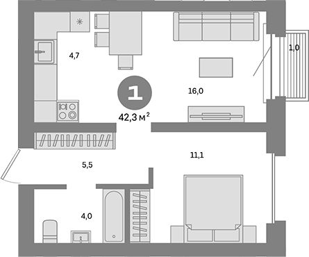 1-комн., 41.3 м², 16/24 этаж, ЖК «Метроном»