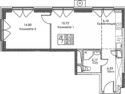 2-комн., 45.33 м², 5/20 этаж, ЖК «ЭВОПАРК Сокольники»