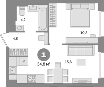 1-комн., 34.8 м², 30/30 этаж, ЖК «Квартал Герцена»