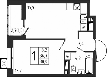 1-комн., 36.7 м², 9/10 этаж, ЖК «Берег»