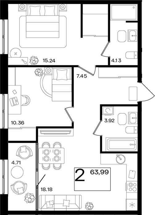 3-комн. квартира, 59.28 м² в ЖК Патрики — фото 2