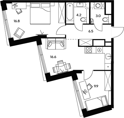 3-комн., 57 м², 28/46 этаж, ЖК «НЕКСУС от Аквилон»
