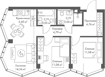 3-комн., 58.14 м², 6/24 этаж, ЖК «МИРА»