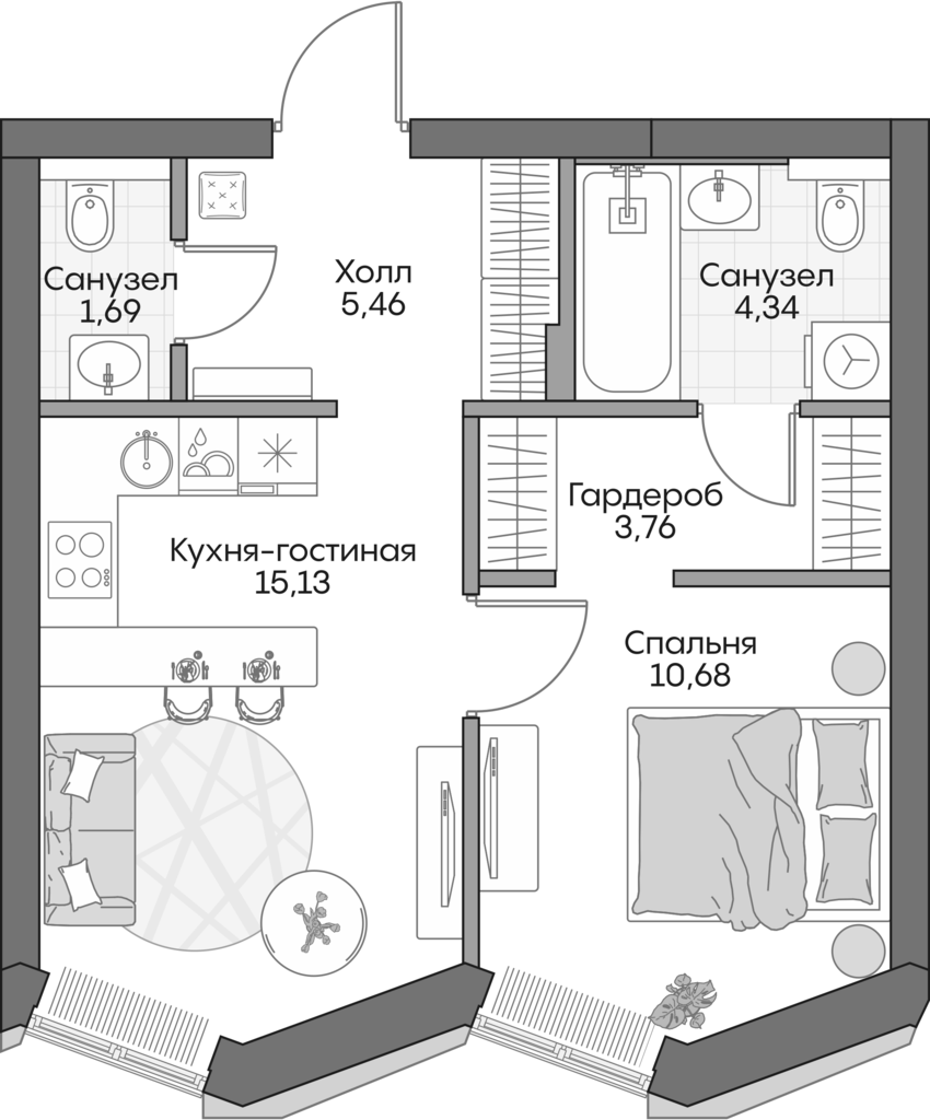 2-комн., 48.4 м², 10/16 этаж, ЖК «Инсайдер»