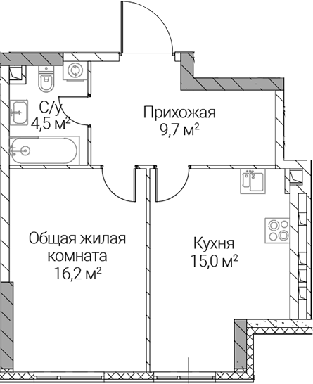 1-комн., 45.4 м², 26/36 этаж, ЖК «СЕЗАР СИЛИКА»