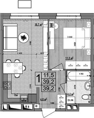 2-комн., 39.2 м², 4/18 этаж, ЖК «Гранд Комфорт»
