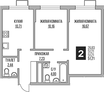 2-комн., 51.21 м², 17/17 этаж, ЖК «Гранель Алексеевская роща»