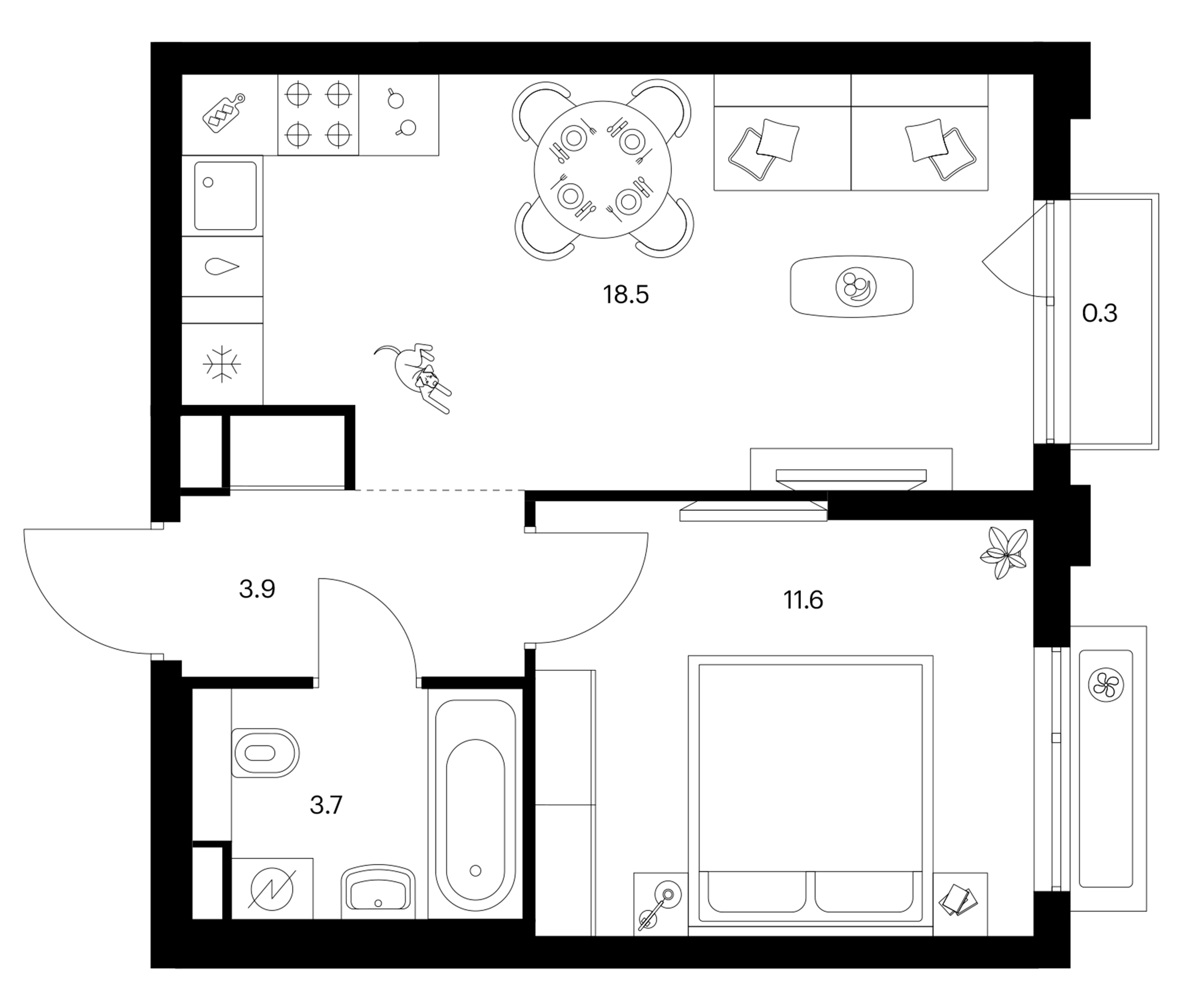 1-комн., 37.7 м², 3/18 этаж, ЖК «Белая Дача парк»