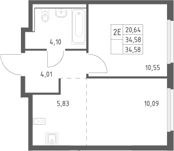 2-комн., 34.58 м², 7/17 этаж, ЖК «Пригород Лесное»