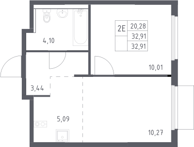 2-комн., 32.91 м², 15/17 этаж, ЖК «Пригород Лесное»