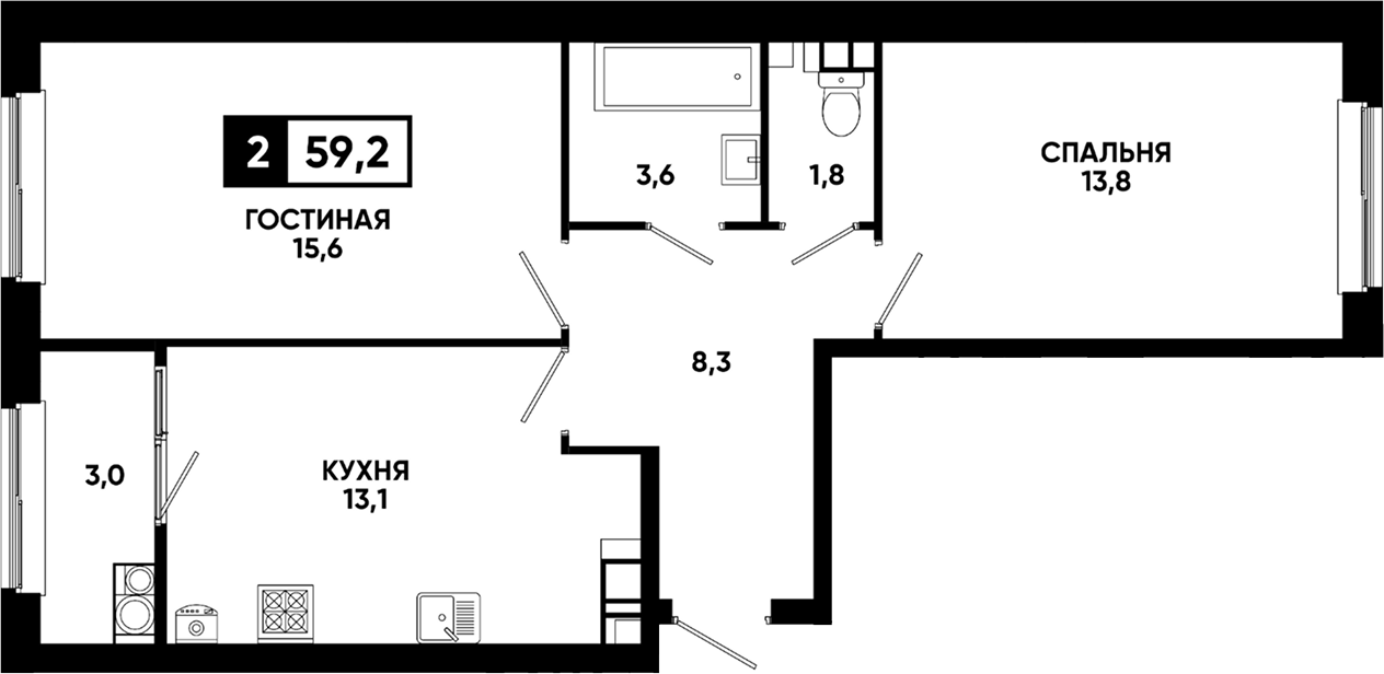 2-комн., 56.2 м², 5/12 этаж, ЖК «Кварталы 17/77»