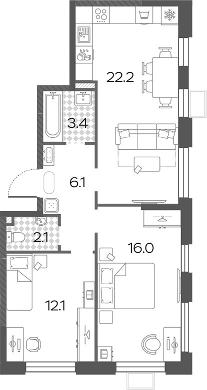 3-комн., 61.9 м², 24/24 этаж, ЖК «Лучи»