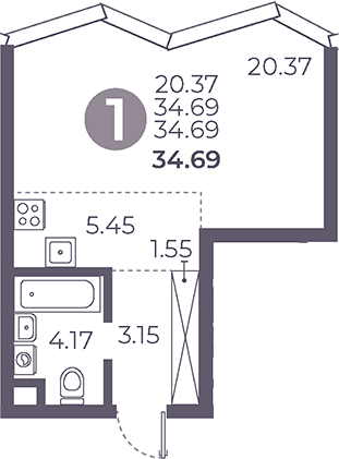 Студия, 34.69 м², 19/39 этаж, ЖК «Мневники от Гранель»